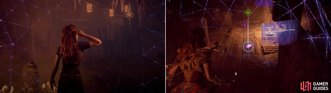 Reclaim your Focus (left) then search the interior of the mountain to find a Power Cell (right) - one of five units you&rsquo;ll need to claim potent armor much later on.