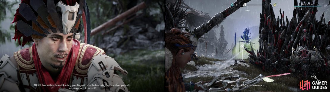 Find Nil near the Devil’s Thirst Bandit Camp and he’ll ask to tag along on your imminent murder spree (left). Start things out by targeting the alarm near the north gate (right).