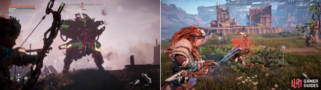 After destroying the Blaze stockpile, scrap the enraged Fire Bellowback (left) and the numerous alerted Cultists (right) to claim victory for the Nora.
