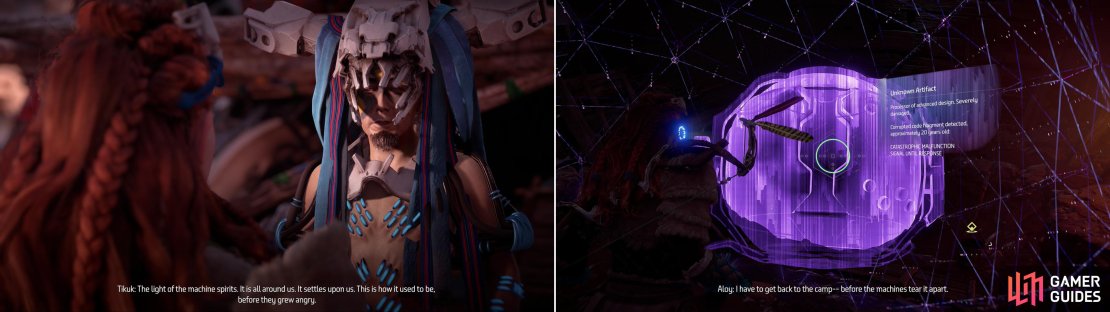 Talk to Tikuk to learn about the good old days of docile robots and machine songs (left) then identify the source of the machine&rsquo;s unusual passivity (right).