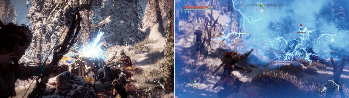 Use Tear damage to knock off the Ravager&rsquo;s cannon (left). Hitting a Power Cell with Shock Arrows will cause them to erupt and deal massive damage - just make sure you&rsquo;re far enough away! (right).