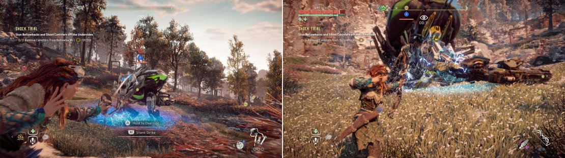 Inflict the Bellowback with shock damage until it&rsquo;s stunned (left) then target the canisters on their underside (right).