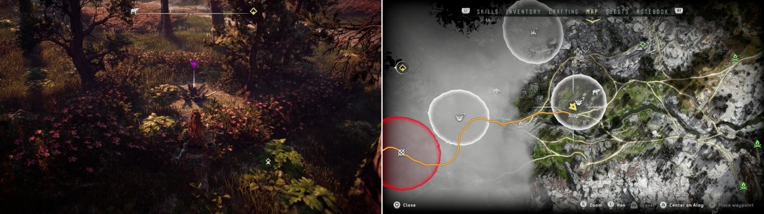 You&rsquo;ll find Metal Flower - Mark I (I) (left) at the location indicated on the map (right).