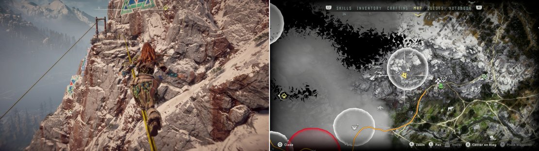 Brave a variety of obstacles to reach the Banuk Artifact - I Name You (left) at the location indicated on the map (right).