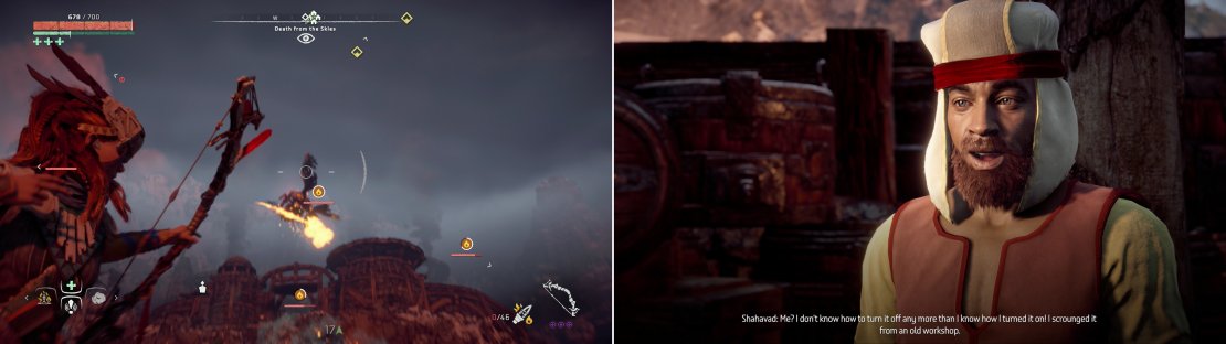 Shoot down the Glinthawks assaulting Pitchcliffs (left) then talk to Shahavad to learn what&rsquo;s luring them (right).