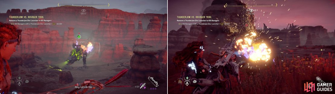 Tearblast Arrows will quickly dislodge a Thunderjaw&rsquo;s Disc Launcher (left), which you&rsquo;ll need to commandeer and use against the two nearby Ravagers (right).