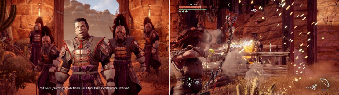 After freeing the prisoners, Zaid shows up to complicate your escape (left). Zaid is heavily armed, but nothing that Triple Shot can&rsquo;t handle (right).