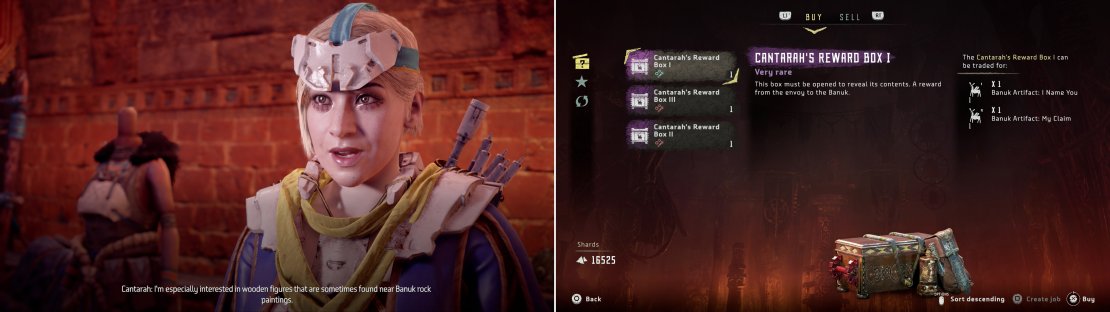 Cantarah seeks Banuk Figurines (left) for which she&rsquo;ll trade reward boxes (right).