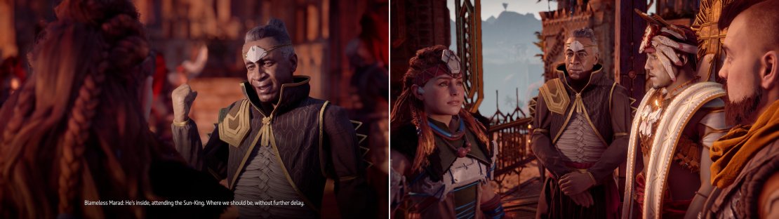 Approach the palace to meet up with Blameless Marad (left) who will take you to meet the Sun-King (right).