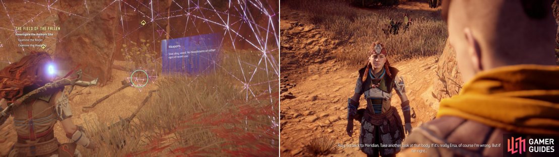 Search the real ambush site for clues about Ersa&rsquo;s fate (left) which leads Aloy to make a rather startling conclusion (right).