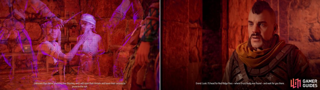 Scanning the basement will get you the proof of Olin’s involvement - and his motivation (left). Before you leave, Erend will ask for your help with a personal matter, starting a new questline (right).
