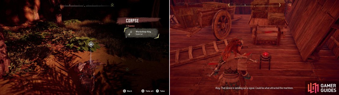Search a body to find the Workshop Key (left) then investigate the Workshop to find the catalyst for the machine attack (right).