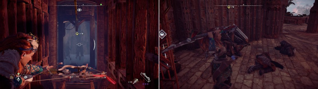 Kill the Oseram mercenaries (left) then disable Dervahl’s sonic device (right).