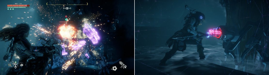 Once frozen, grab the detached Disc Launcher and give the Thunderjaw a taste of its own medicine (left) then hack Cauldron Zeta’s core (right).