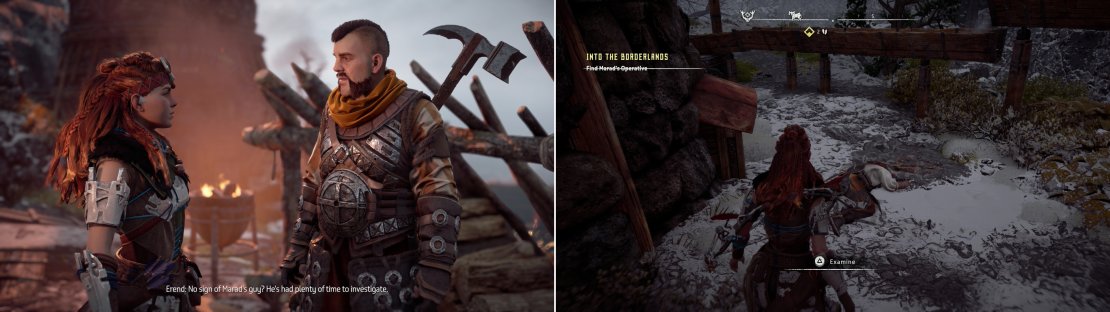 Meet up with Erend at Pitchcliffs (left) then locate Marad&rsquo;s spy, who managed to leave intel before he died (right).