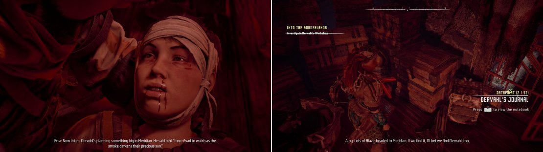 Ersa will pass on a dire warning to Erend (left) which you can confirm by searching Dervahl&rsquo;s lair (right).