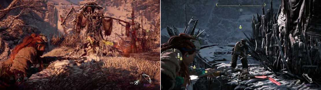 Shoots the chains tying down machines to unleash them on the Oseram (left). Don&rsquo;t expect them to do all the work for you, however - some mercenaries will likely require your direct attention (right).