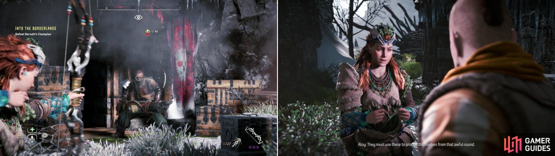 Defeat the heavily-armed mercenary that occupied Dervahl&rsquo;s lair (left) after which Aloy will claim the devices that protected him from Dervahl&rsquo;s sonic device (right).