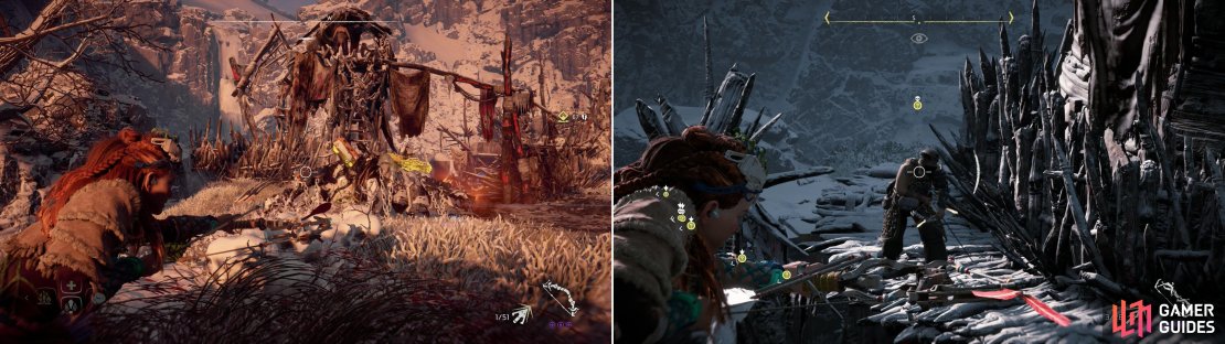 Metal Flower - Mark II (G) can be found north of Dervahl&rsquo;s camp (left), but you&rsquo;ll likely have to deal with a Stormbird to claim your prize (right).