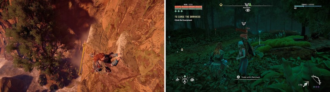 The climb to the top is a long one (left). There&rsquo;s a merchant right outside of the Eclipse camp (right).