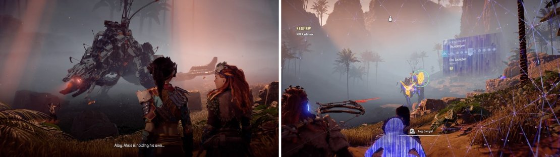 Redmaw may be menacing, but he&rsquo;s a normal Thunderjaw (left). He only has one disc launcher when you fight it (right).