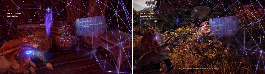 The barrel in the storehouse is your first clue (left). Later on, you&rsquo;ll need to use your Focus a lot in tracking down the fruit trail (right).
