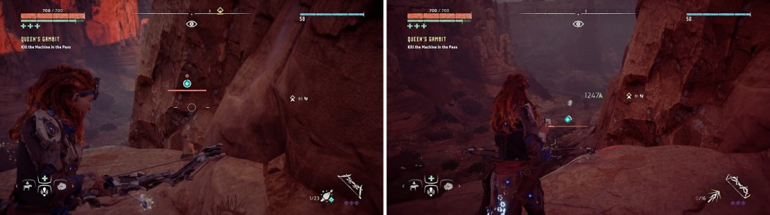 This ledge allows you to dodge the majority of the Rockbreaker&rsquo;s attacks (left), while still being able to attack it (right).