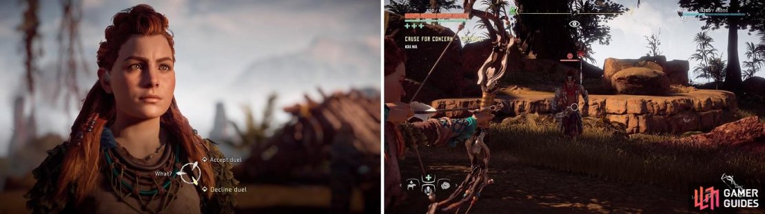 You have the option to decline Nil&rsquo;s duel (left) or accept it and fight him (right).