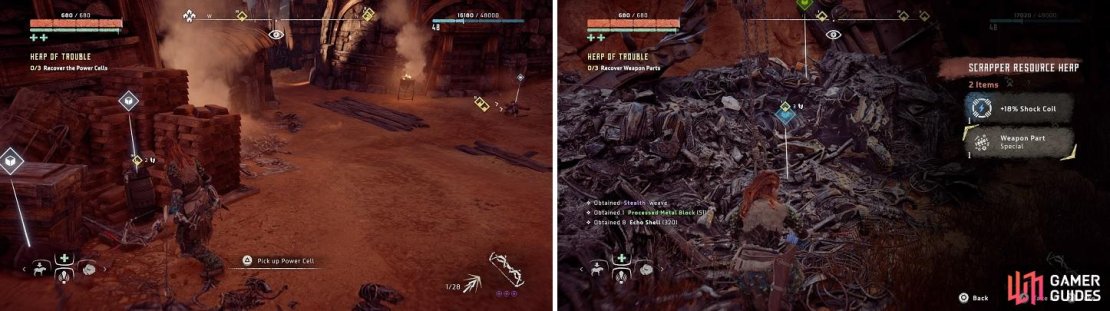 You need to find some Power Cells at the bandit camp (left), as well as Weapon Parts at the Scrapper Den (right).