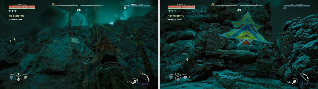 Banuk Figures can be found by first finding the Banuk paintings on the cliffsides (left) and following the footholds to each one (right).