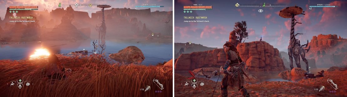 The Tallneck at Copper Deeps is guarded by a lot of machines, including Snapmaws (left) and Watchers (right).