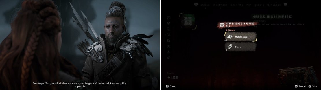 The keepers will tell you what you need to do for each trial (left). If you complete them in time, you receive a loot box (right).