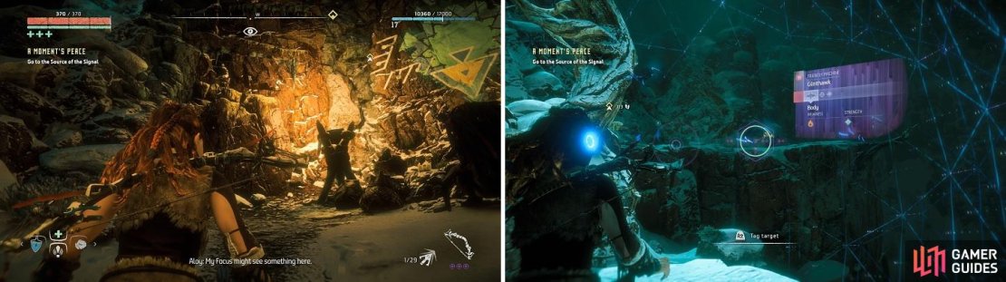 To the left of the Banuk markings are some handholds to climb (left). Don&rsquo;t worry about the machines here, as they are friendly and won&rsquo;t attack you (right).