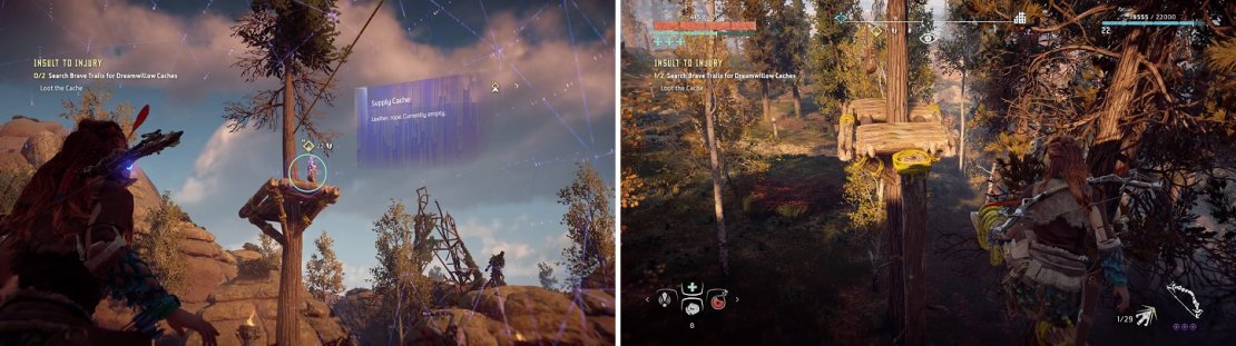 The Dreamwillow stashes are located in treetops (left), requiring you to find ways to climb to reach them (right).
