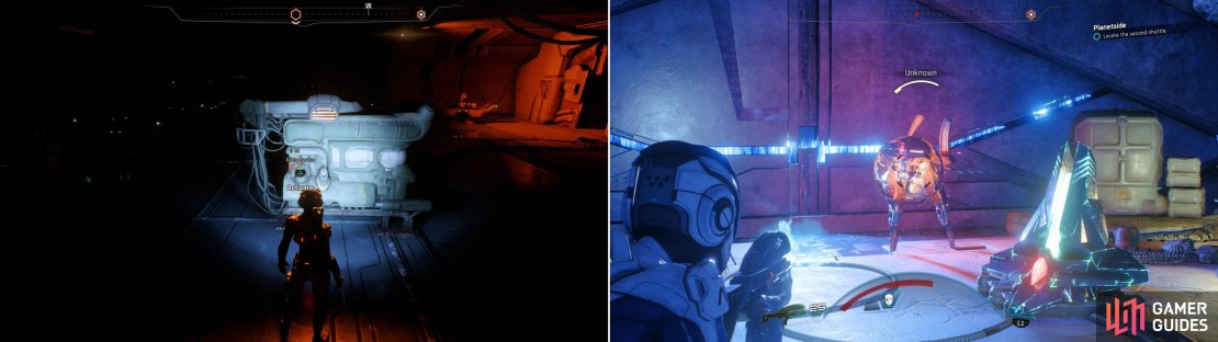Interact with an alien device to get the power running again (left). Be wary, though, as not all alien technology is benign (right).