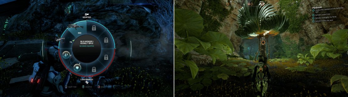 Search Kirkland’s body for an M-8 Avenger Assault Rifle (left). In a sheltered cave you’ll be able to catch a glimpse of Habitat 7 as it once was (right).