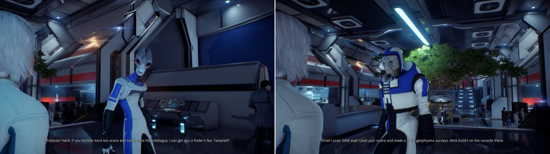 Professsor Herik will ask you to scan wildlife (left) while Chief Lucan will ask you to scan minerals (right).