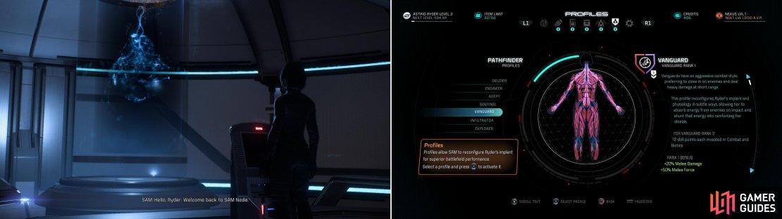 Visit the SAM Node and talk to SAM (left) who will introduce you to the profile system (right).