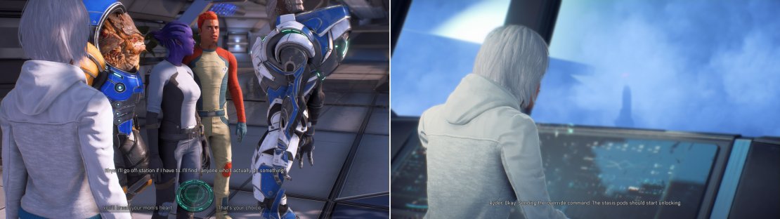 If you side against the angry colonists, shame them into staying or let them leave (left). On the other hand, if you pull their relatives out of cryo, they&rsquo;ll naturally be much happier (right).