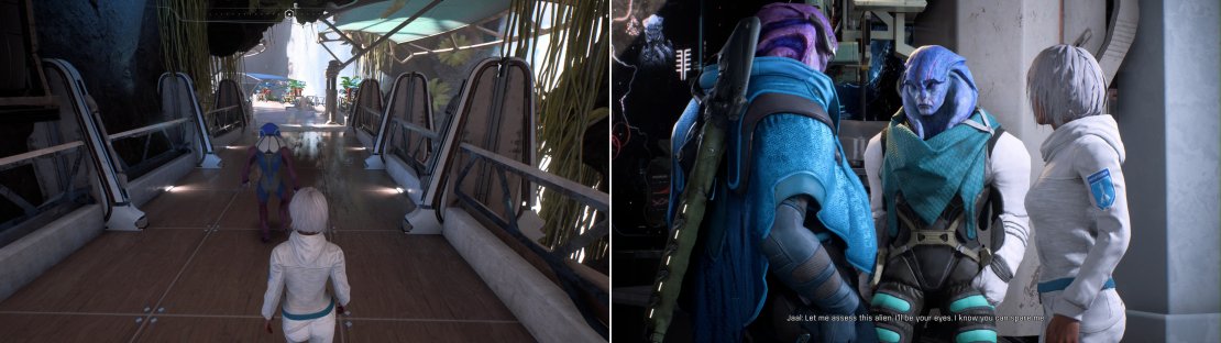 Follow Paraan Shie through Aya (left) after which you&rsquo;ll meet with the resistance leader, Evfra (right).