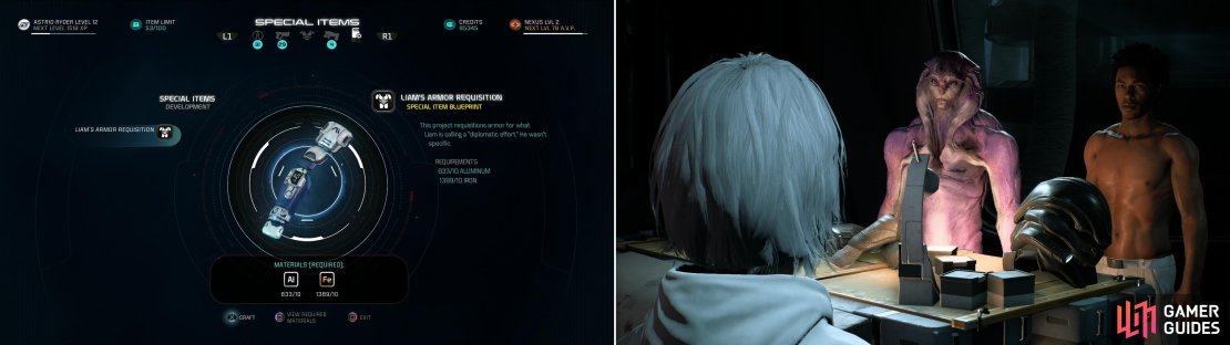 Craft Liam&rsquo;s Armor Requisition (left) after which Jaal and Liam can be found&hellip; bonding&hellip; in the Storage room (right).
