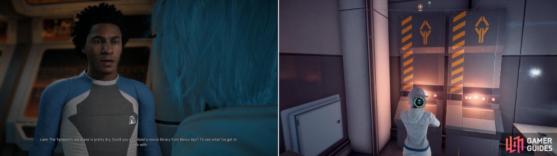 Liam will make a rather trivial request of you on the Tempest, starting the multi-stage quest &ldquo;Movie Night&rdquo; (left). To appease him, head to the Operations level of the Nexus and grab the media off the Archive System (right).