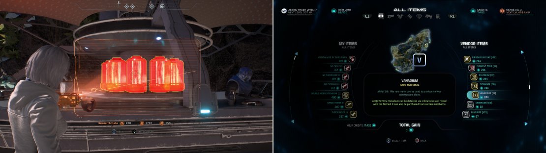 Scan some Nutrient Paste Vats to gain some Research Data (left) and consider doing some shopping (right), as rare minerals can be found on Aya.