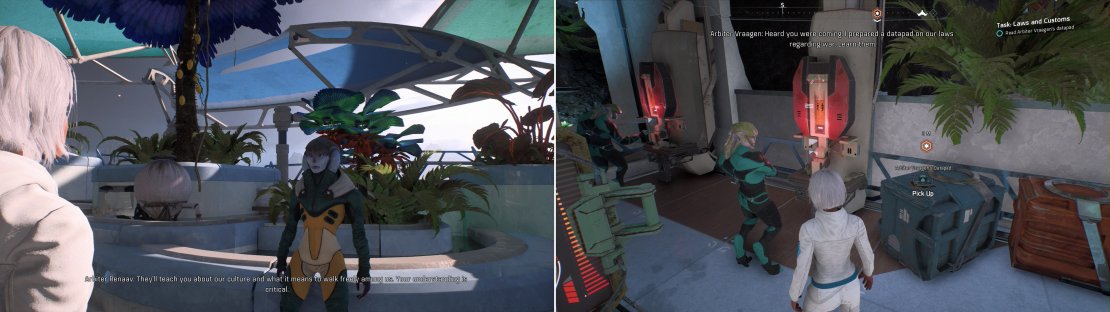 Talk to Arbiter Renaav in the Aya Market to start the quest &ldquo;Task: Laws and Customs&rdquo; (left) which requires you to speak to Arbiter Ohmdaal and Arbiter Vraagen (right), who will provide the required Datapads.