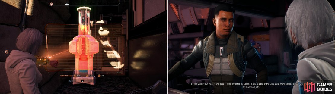 Search around Kadara Port to find some stolen Initiative tech you can scan (left) then meet your contact in Kralla’s Song (right) to learn what obstacles hinder you.