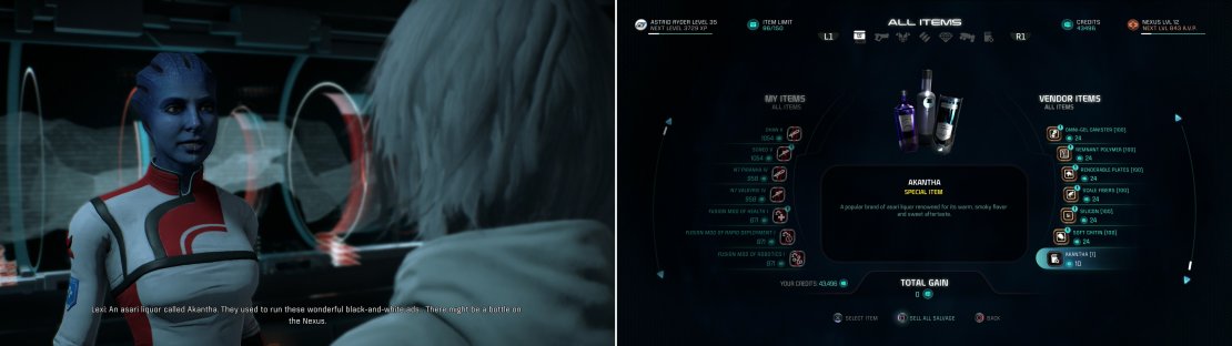 After Khi Tasira, Lexi will attempt to make her own contribution to &ldquo;Movie Night&rdquo; (left). Head to the Nexus and buy a bottle of Akantha from the General Merchant (right).