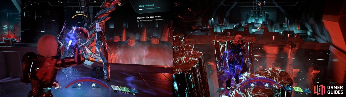 Destroy more Remnant while waiting for some platforms to deplay (left) then use the platforms to reach the next Power Relay (right).