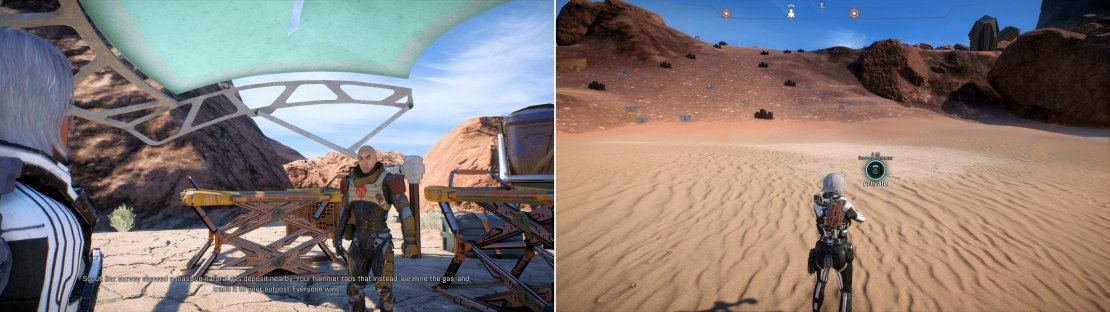A Scout from the ‘sovereign state of Advent’ will try to strike a deal with you (left) either tap a natural gas deposit, or go after the water both you and Advent need (right).