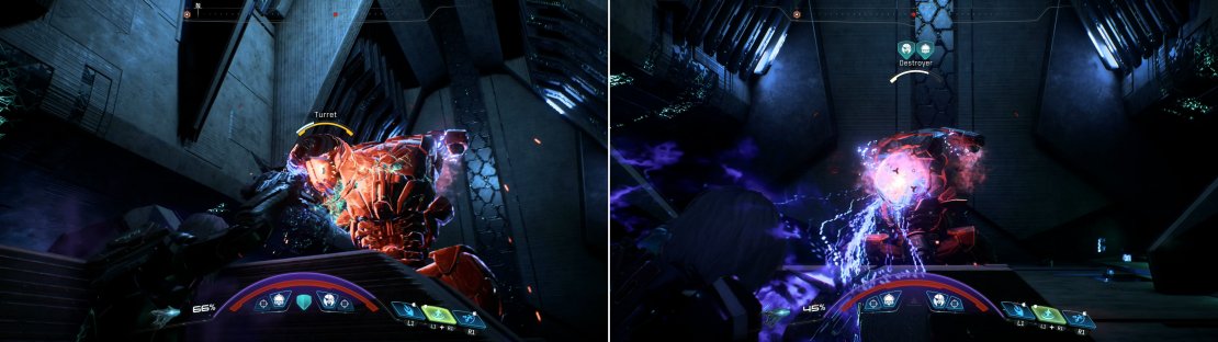 Target the Destroyer&rsquo;s Turrets to deal damage and limit the machine&rsquo;s offense (left) after which concentrate your fire on its body (right).