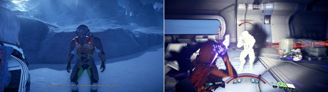Find Tej near a Kett outpost, where he’s wisely having a crisis of confidence (left). Do the heavy lifting for him and eradicate the Kett (right).